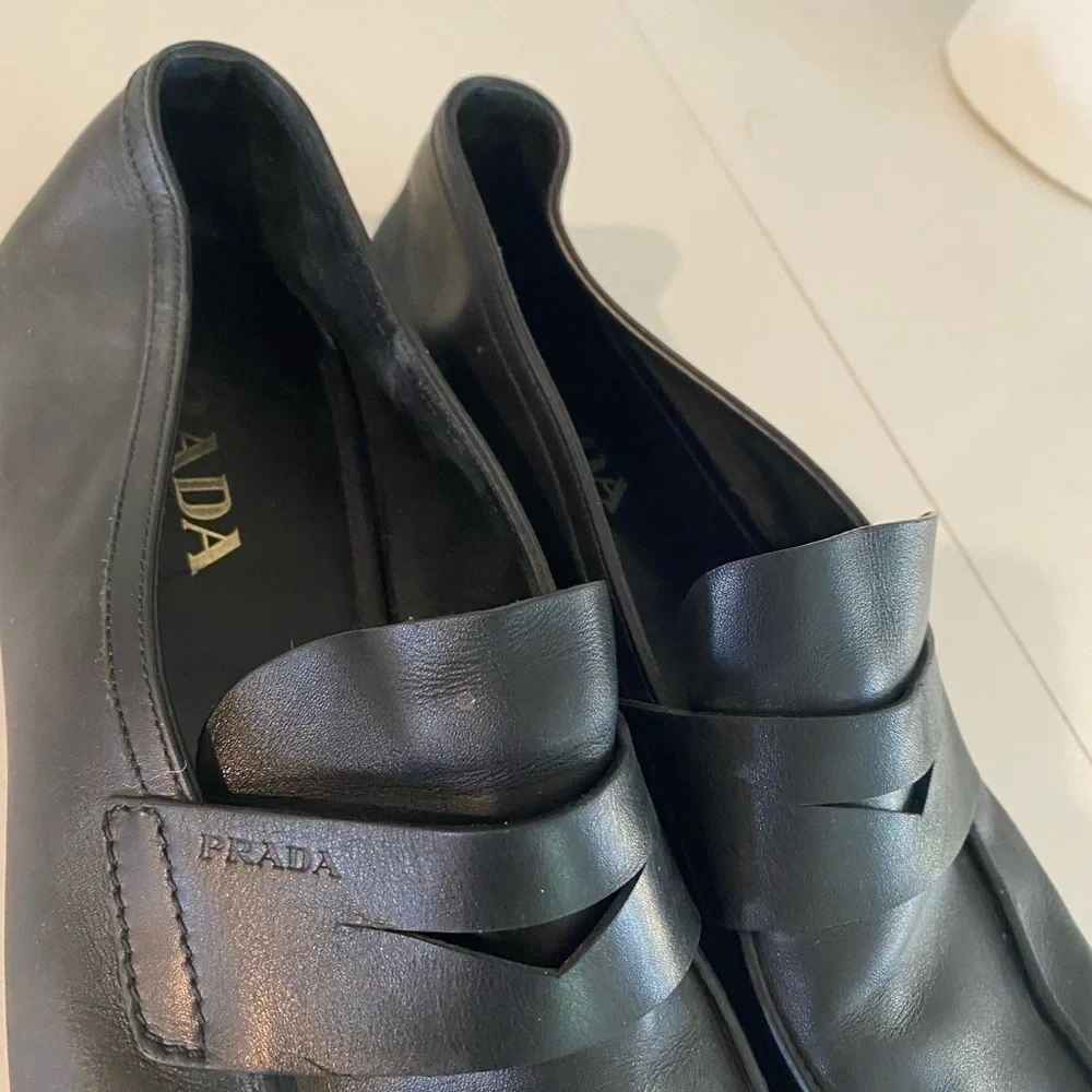 Prada Soffiano penny black mens loafers soft leather 9 1/2